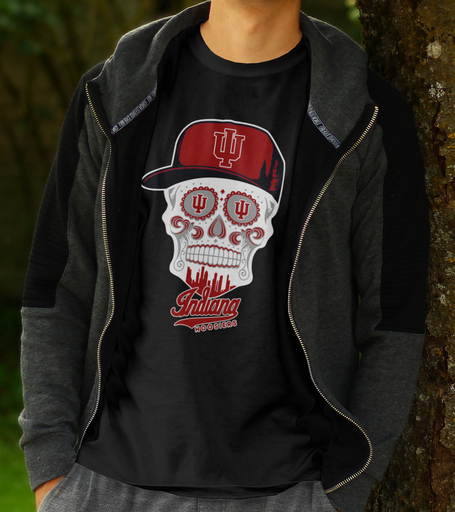 Indiana Hoosiers Skull With Hat And Skyline T-Shirt