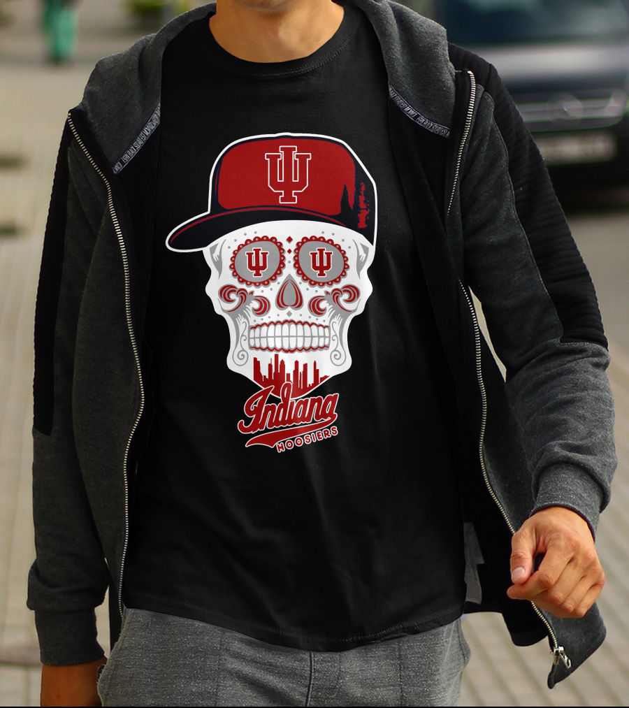 Indiana Hoosiers Skull With Hat And Skyline T-Shirt