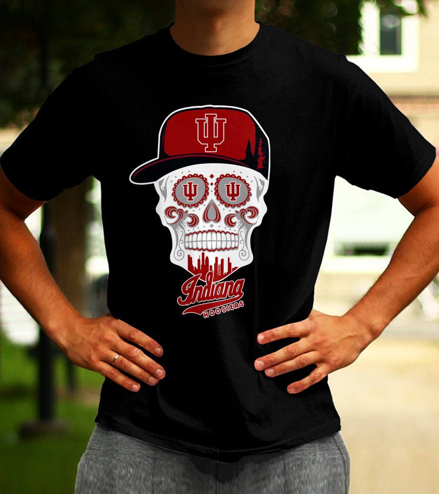 Indiana Hoosiers Skull With Hat And Skyline T-Shirt