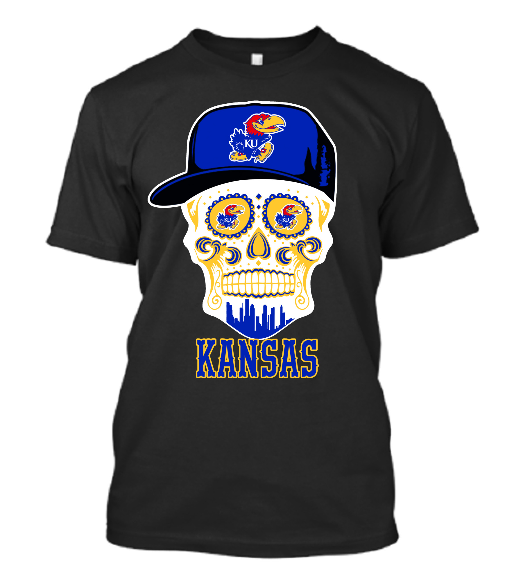 Kansas Jayhawks Skull Hat Ku T-Shirt