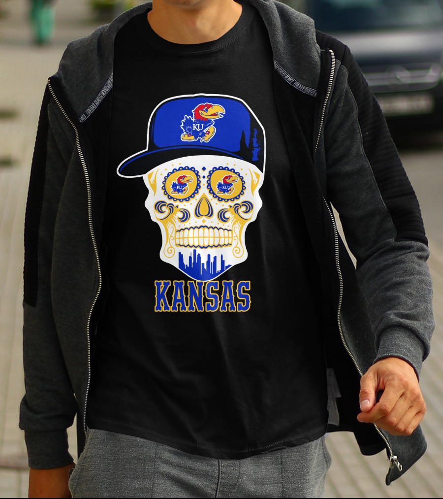 Kansas Jayhawks Skull Hat Ku T-Shirt