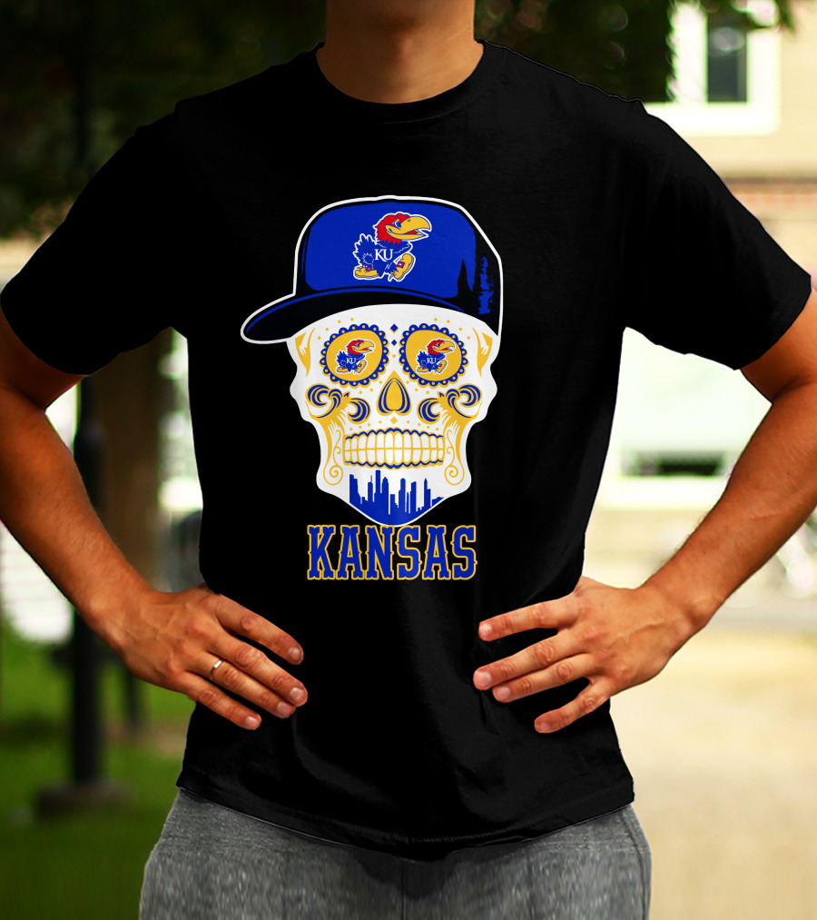 Kansas Jayhawks Skull Hat Ku T-Shirt