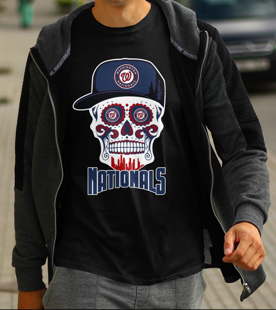 Washington Nationals Skull With Baseball Cap And City Silhouette T-Shirt