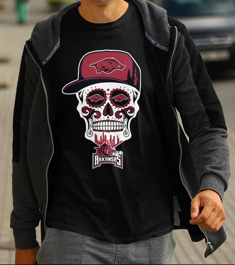 Arkansas Razorbacks Sugar Skull With Hat And Hog Logos T-Shirt