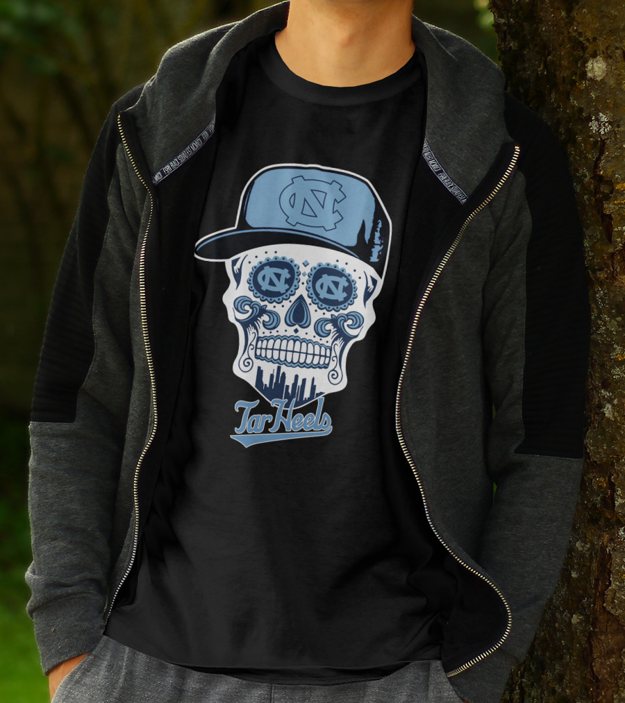 North Carolina Tar Heels Sugar Skull With Hat And Cityscape T-Shirt