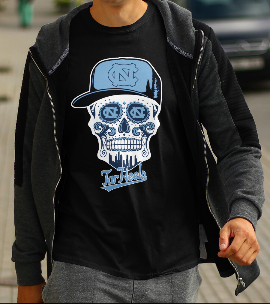 North Carolina Tar Heels Sugar Skull With Hat And Cityscape T-Shirt
