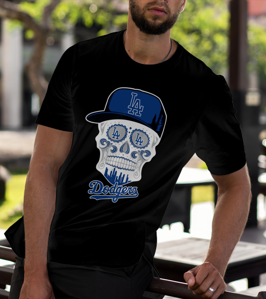 Los Angeles Dodgers Skull La Hat Blue City Skyline T-Shirt