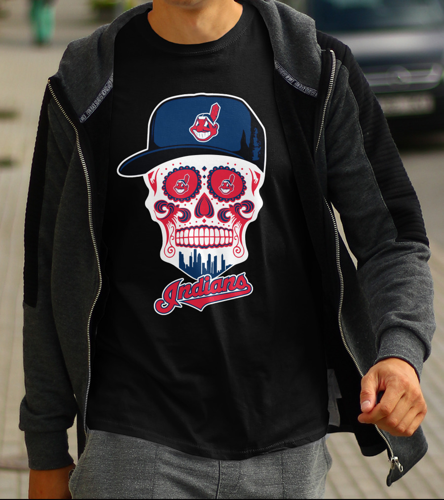 Cleveland Indians Sugar Skull With Baseball Cap And Skyline T-Shirt