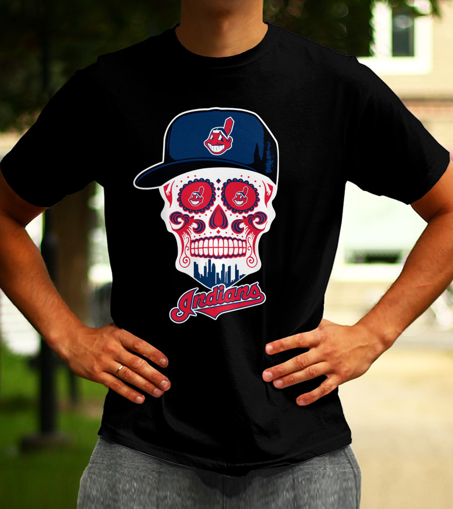 Cleveland Indians Sugar Skull With Baseball Cap And Skyline T-Shirt