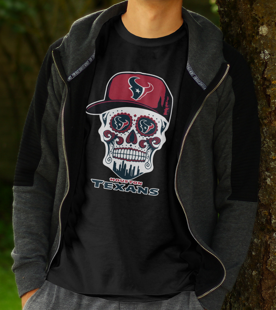 Houston Texans Skull With Cap And City Skyline T-Shirt