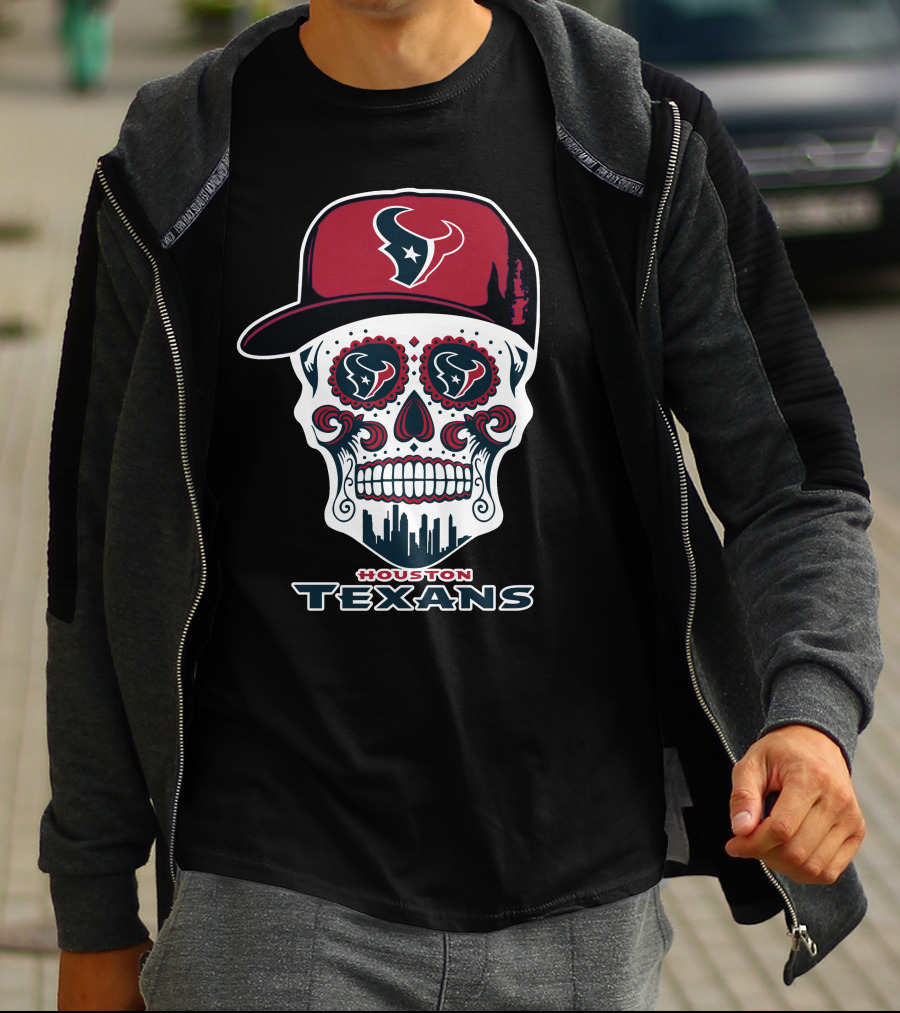 Houston Texans Skull With Cap And City Skyline T-Shirt