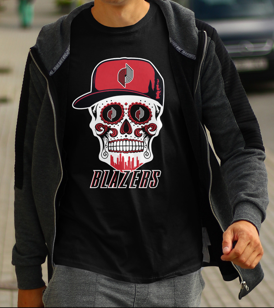 Blazers Skull With Hat And Cityscape Elements T-Shirt
