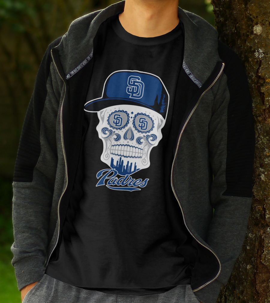 San Diego Padres Skull Design With Sd Cap And Cityscape Elements T-Shirt