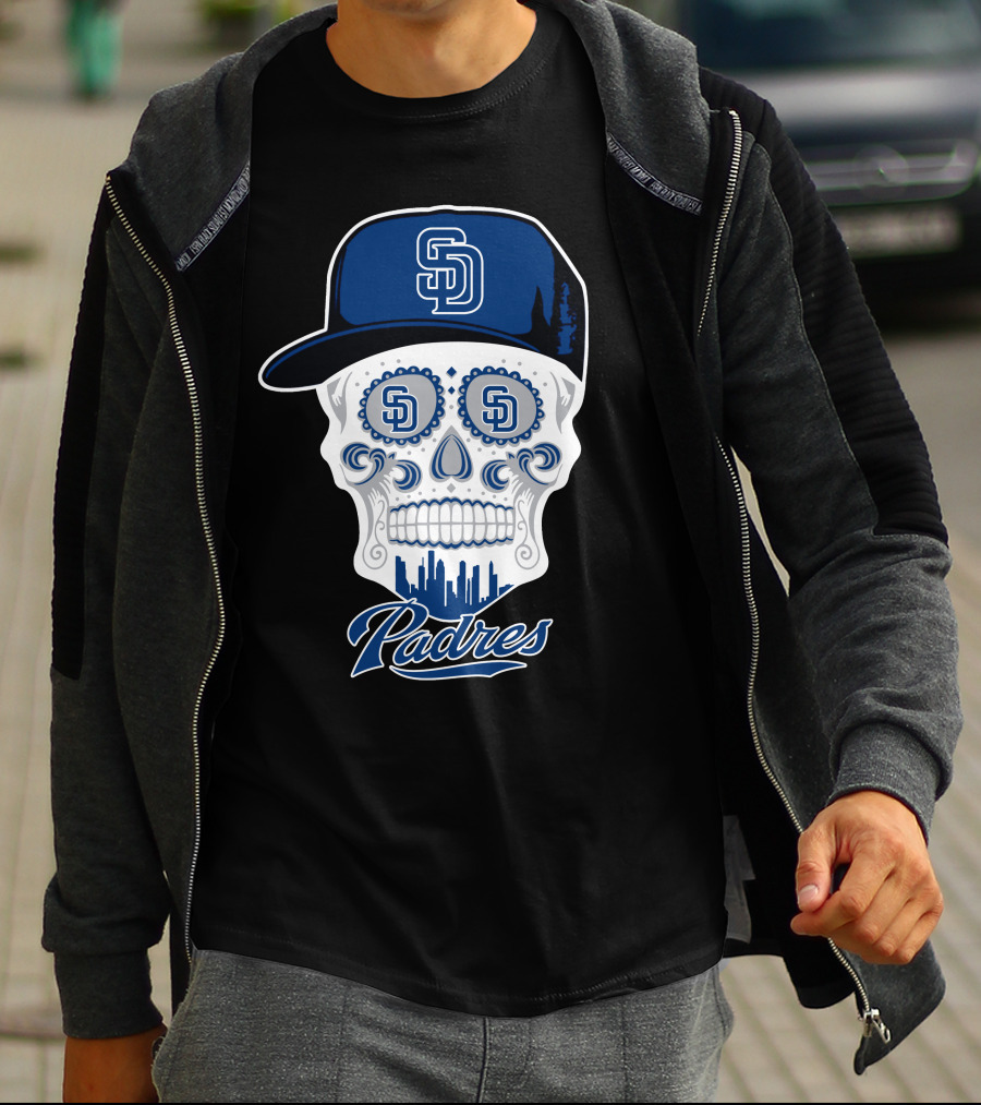 San Diego Padres Skull Design With Sd Cap And Cityscape Elements T-Shirt