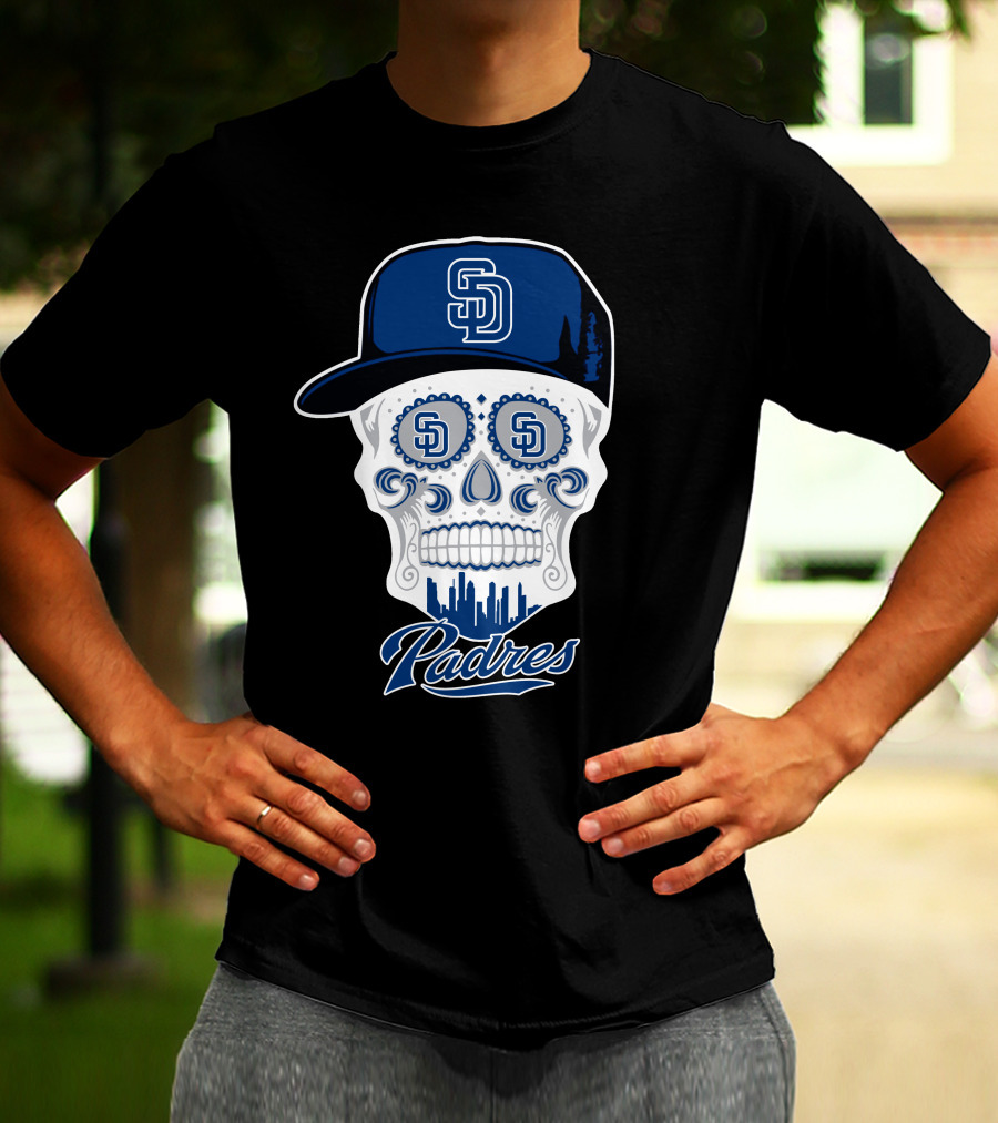 San Diego Padres Skull Design With Sd Cap And Cityscape Elements T-Shirt