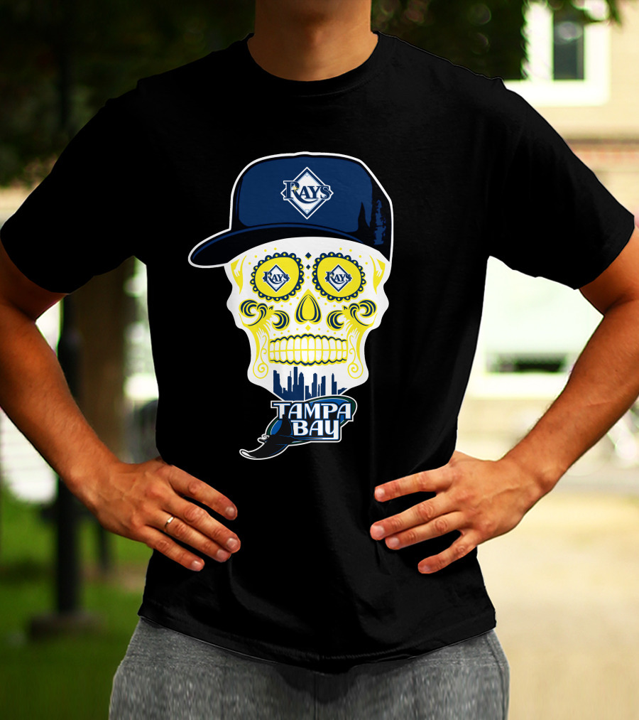 Tampa Bay Rays Skull With Hat And City Skyline T-Shirt
