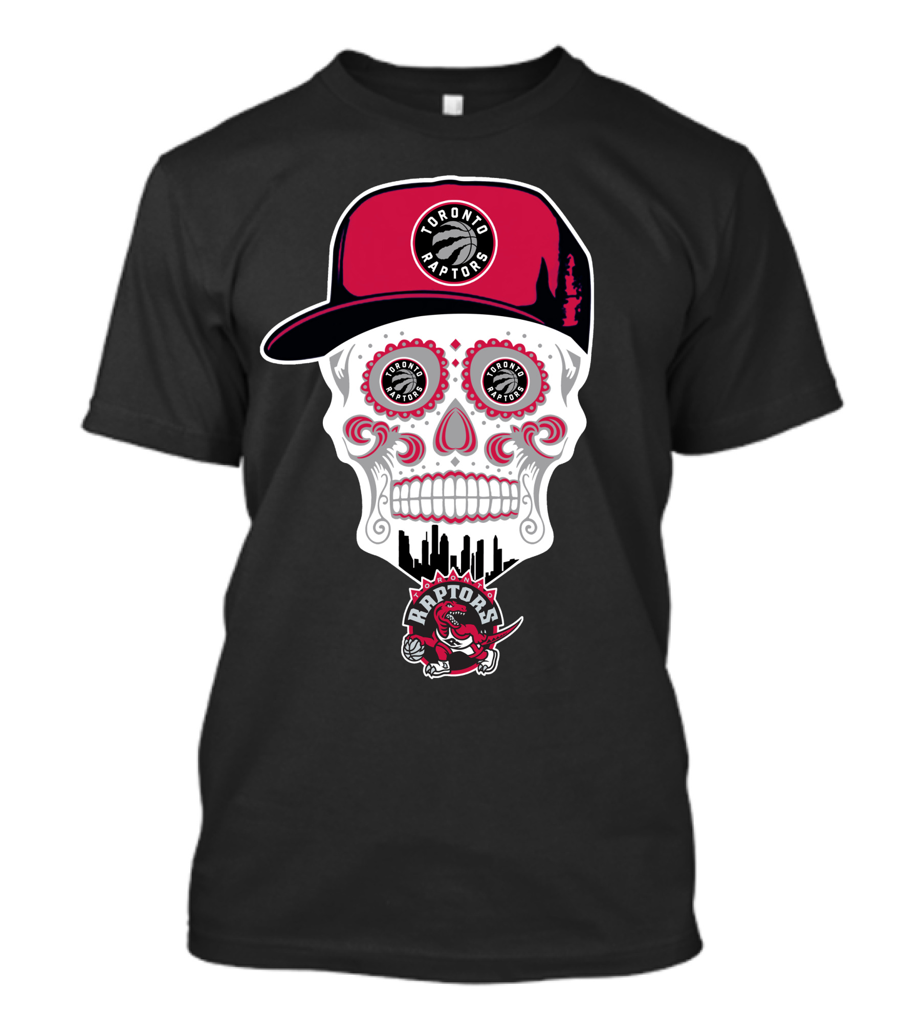 Toronto Raptors Logo Skull With Hat And Skyline T-Shirt