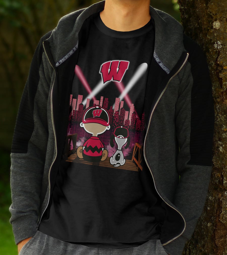 Wisconsin Badgers Night City Skyline With Cartoon Characters T-Shirt