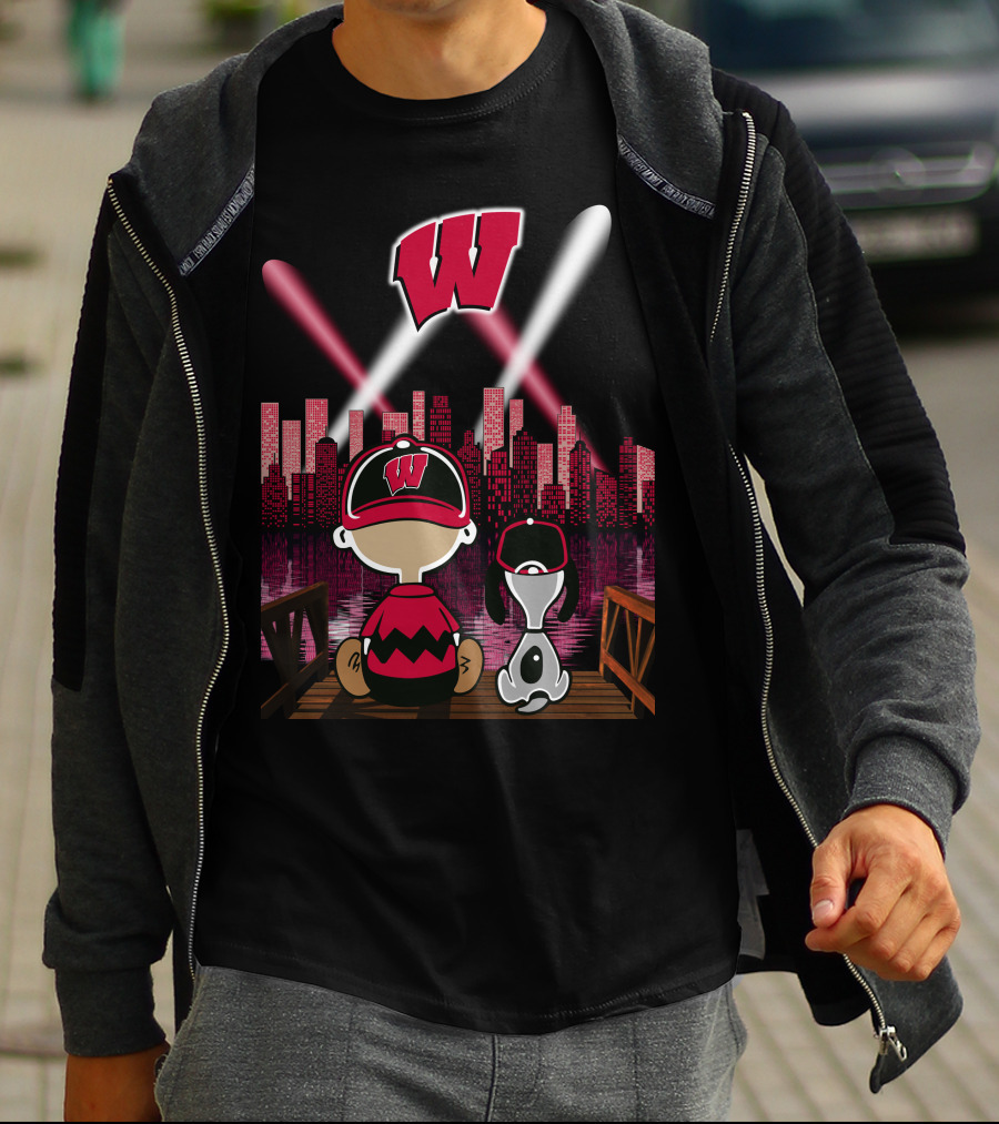 Wisconsin Badgers Night City Skyline With Cartoon Characters T-Shirt