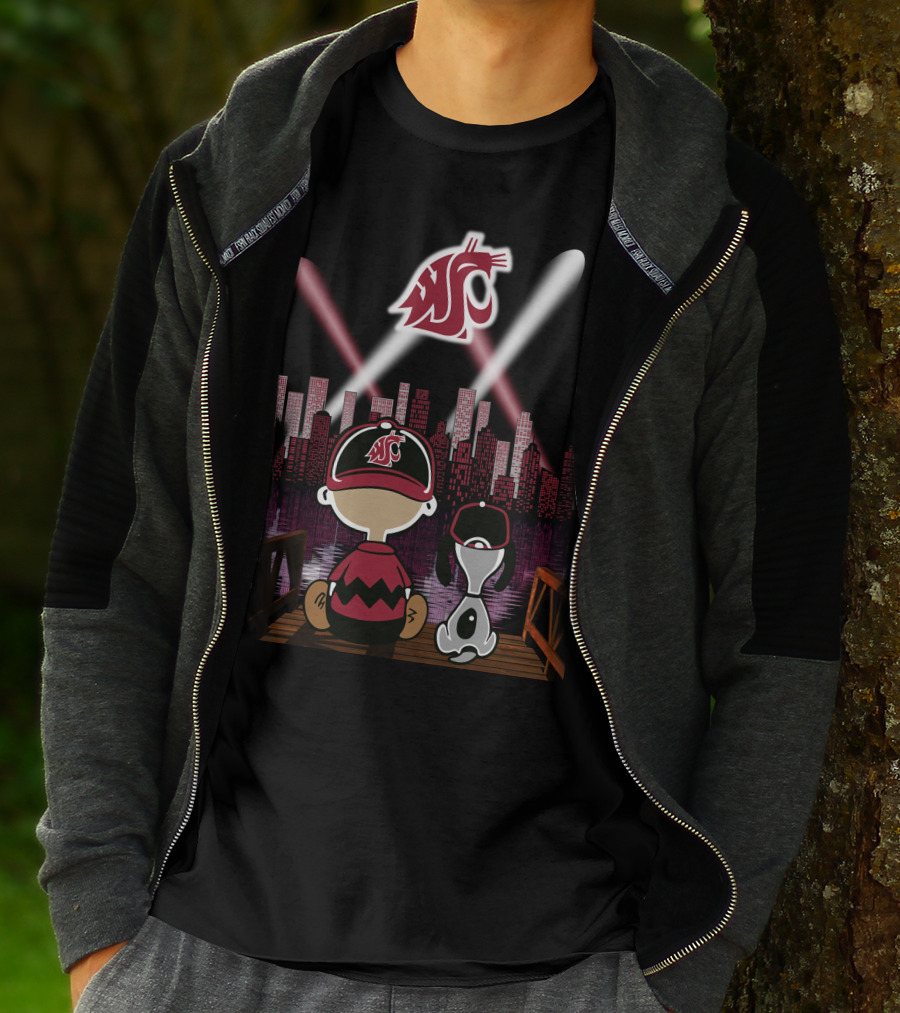 Washington State Cougars City Skyline At Night With Characters T-Shirt