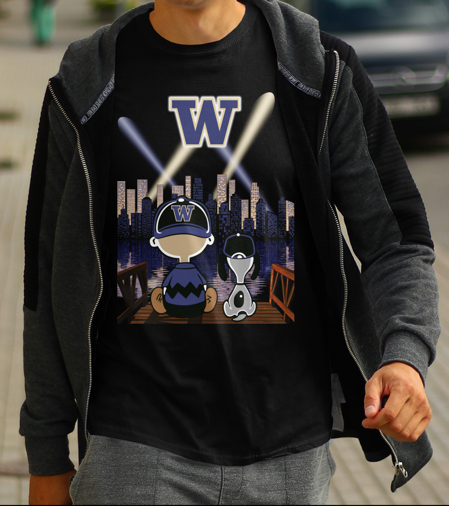 W Washington Huskies City Skyline At Night With Baseball Cap Characters T-Shirt