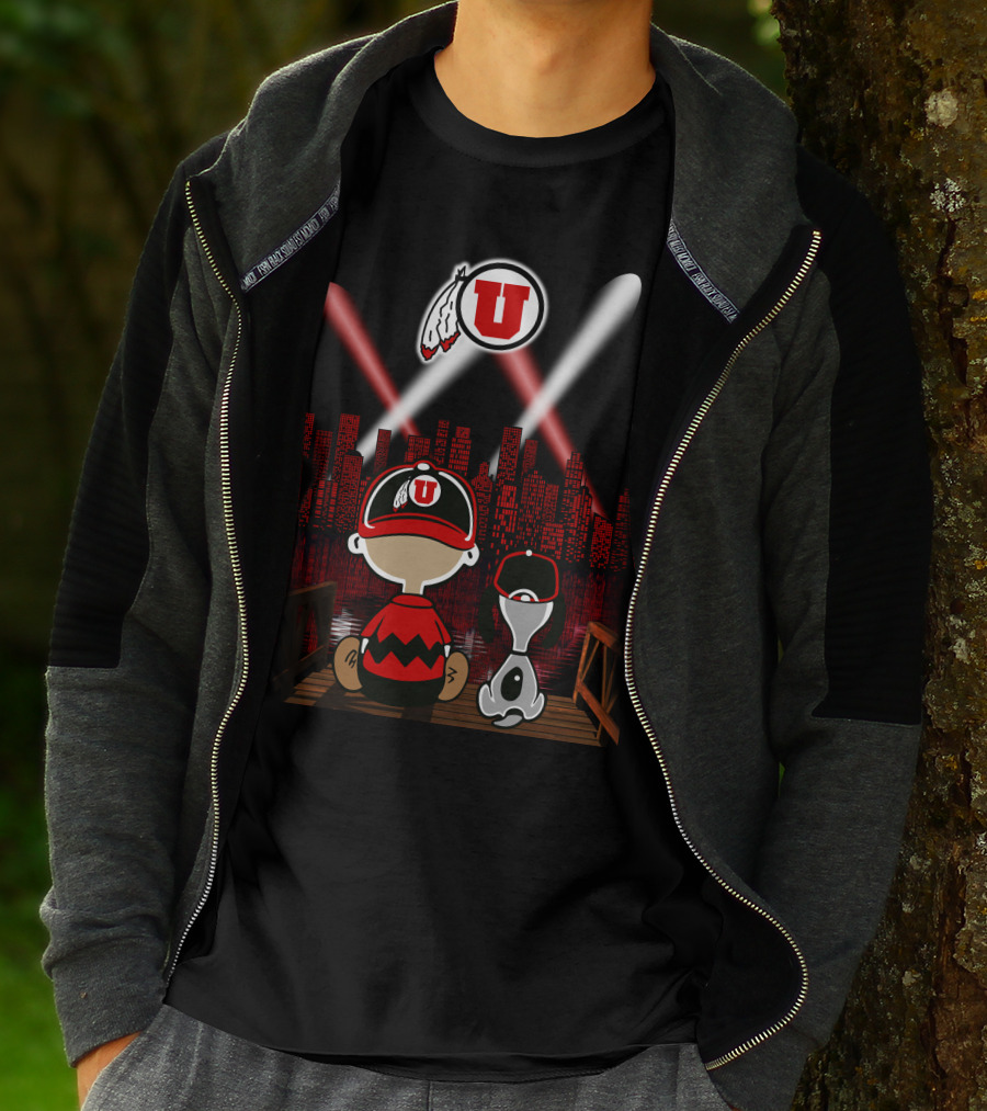 Utah Utes City Skyline Night Scene With Cartoon Characters T-Shirt