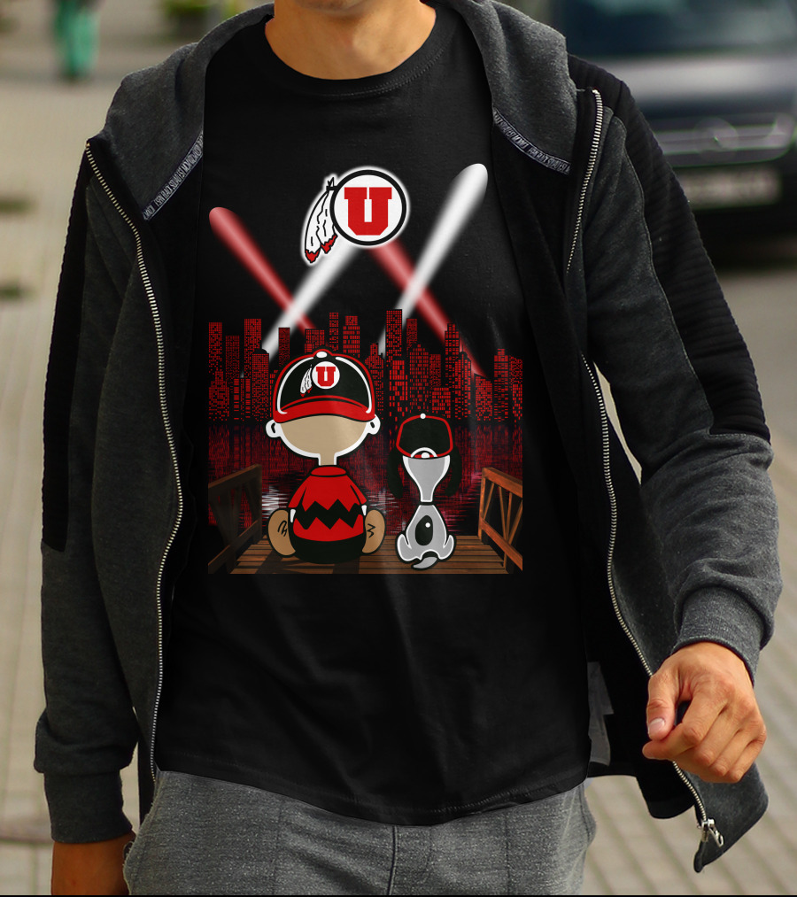 Utah Utes City Skyline Night Scene With Cartoon Characters T-Shirt