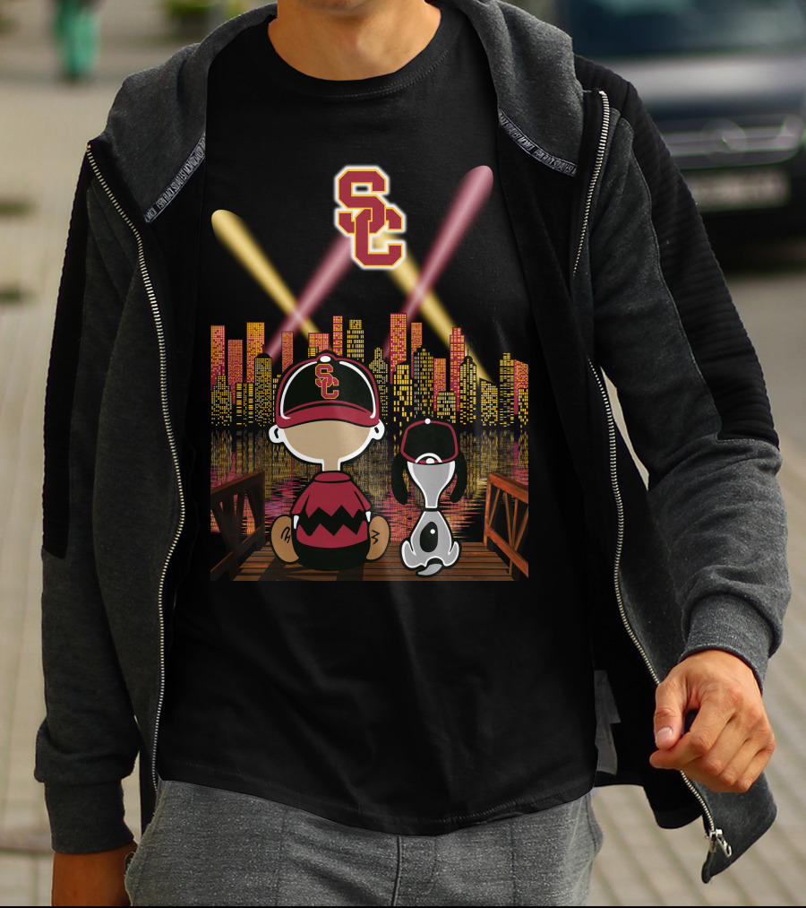 Usc Trojans Nighttime Cityscape With Cartoon Figures T-Shirt