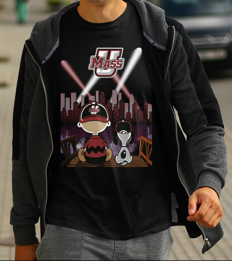 Umass Minutemen Downtown Skyline At Night With Cartoon Duo T-Shirt