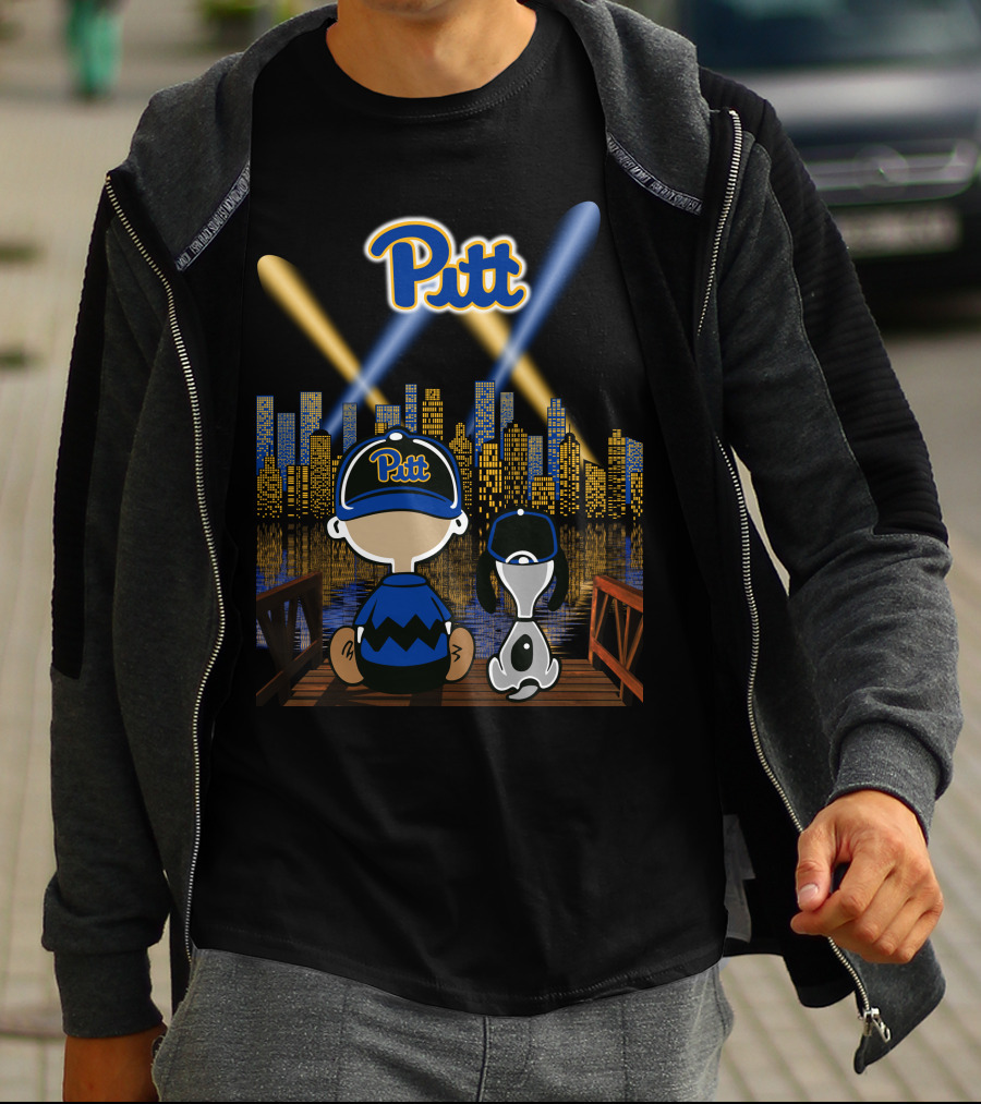 Pitt Panthers Nighttime Cityscape With Skyline And Characters T-Shirt