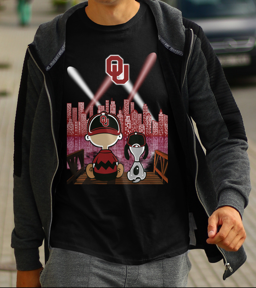 Ou Sooners Peanuts Characters With City Skyline At Night T-Shirt