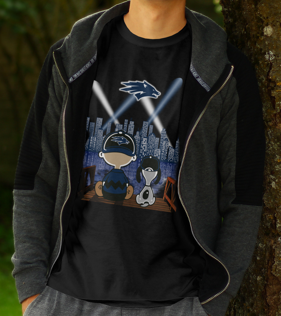 Nevada Wolf Pack Skyline At Night With Mascot And Cartoon Duo T-Shirt