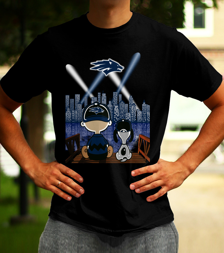 Nevada Wolf Pack Skyline At Night With Mascot And Cartoon Duo T-Shirt