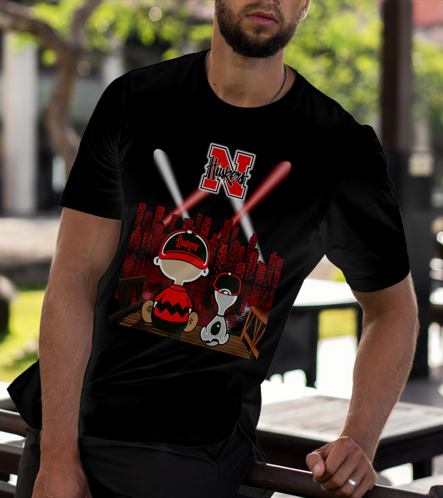 Huskers City By Night With N Logo And Iconic Cartoon Characters On A Bridge T-Shirt