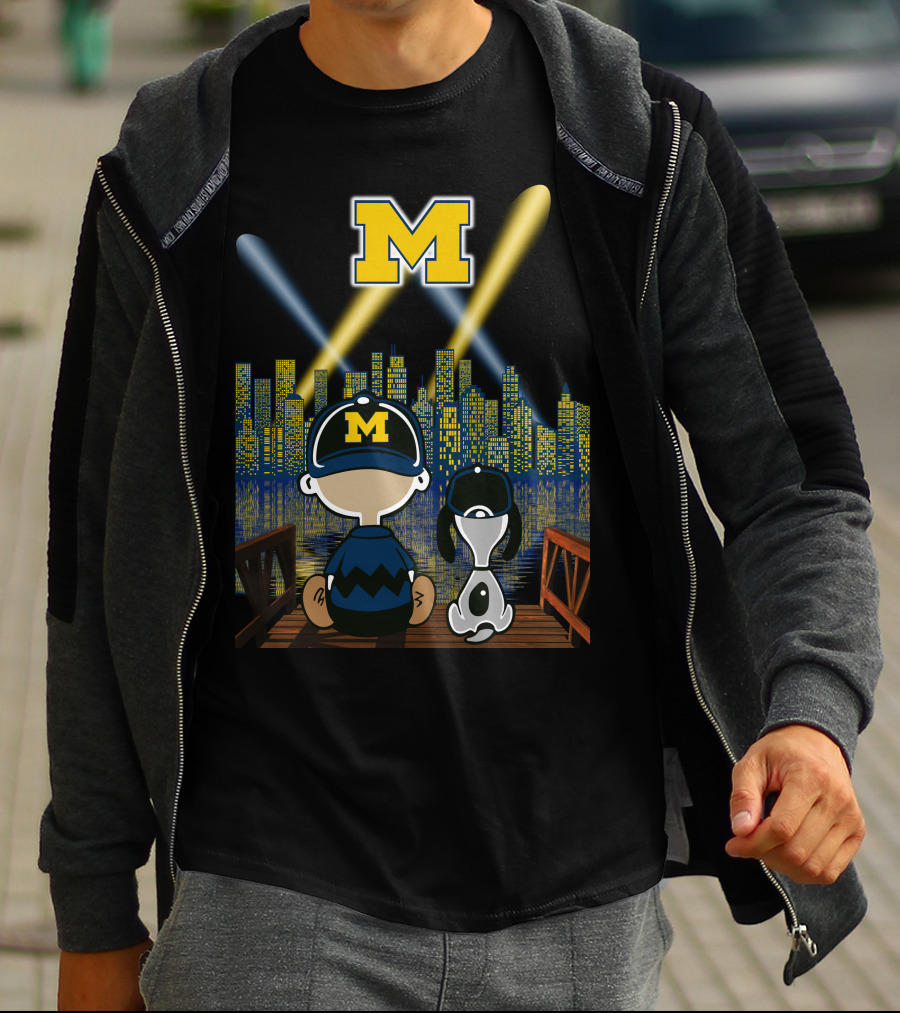 M Michigan Wolverines City By Night Skyline And Characters T-Shirt