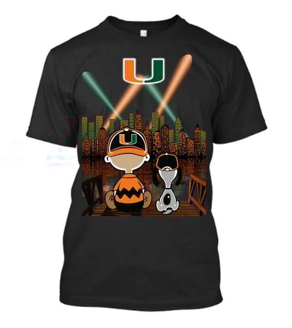 Miami Hurricanes City By Night Skyline Reflections With Characters T-Shirt