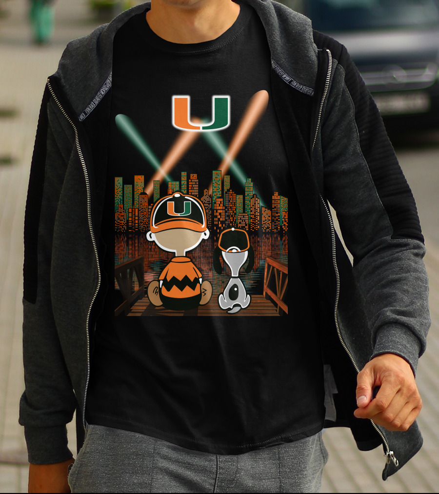 Miami Hurricanes City By Night Skyline Reflections With Characters T-Shirt