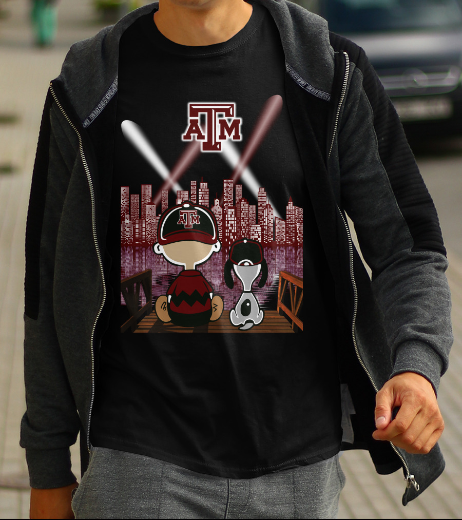 Texas A&M Aggies City Lights At Night With Iconic Characters T-Shirt