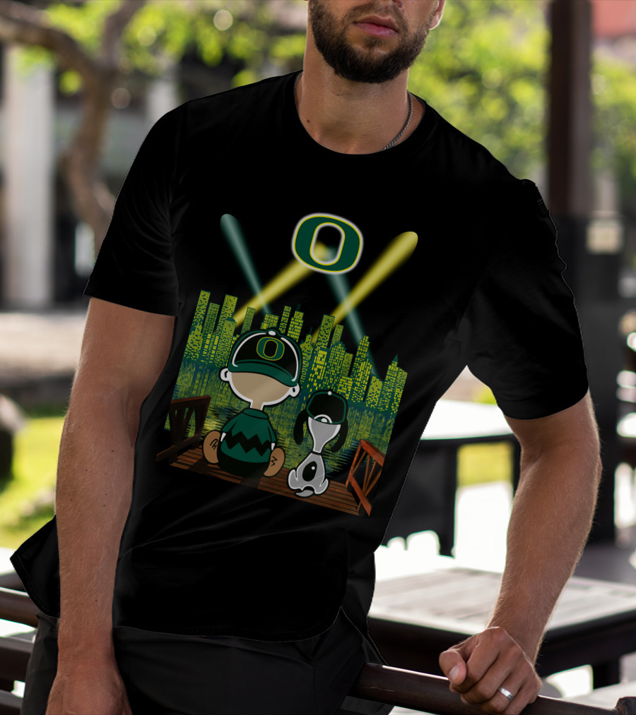 Oregon Ducks Nighttime Cityscape With Cartoon Characters And Stadium Lights T-Shirt