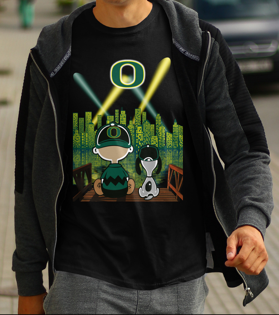 Oregon Ducks Nighttime Cityscape With Cartoon Characters And Stadium Lights T-Shirt