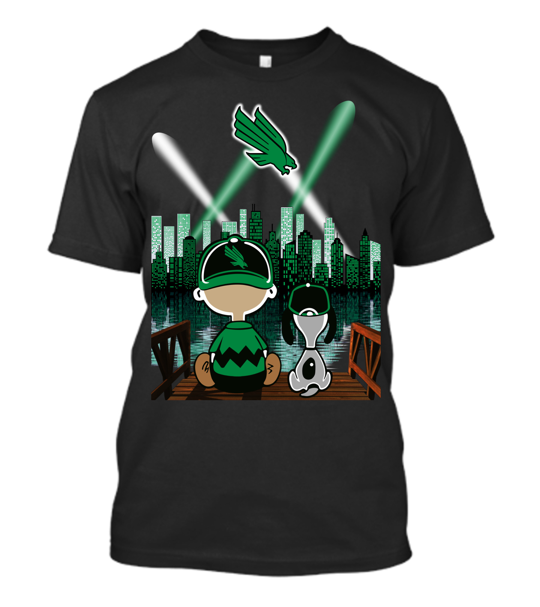 North Texas Mean Green City By Night Skyline With Cartoon Characters And Flying Bird T-Shirt