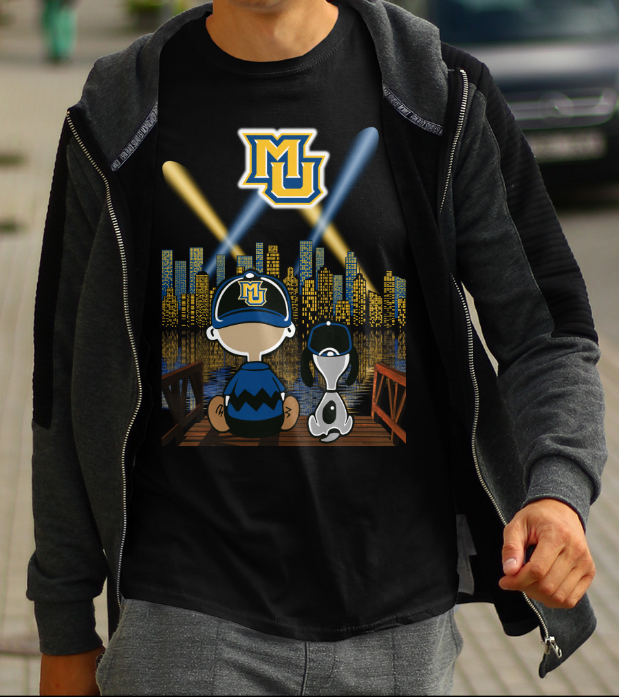 Mu Marquette Golden Eagles Cityscape Night Skyline With Baseball Cap Duo T-Shirt