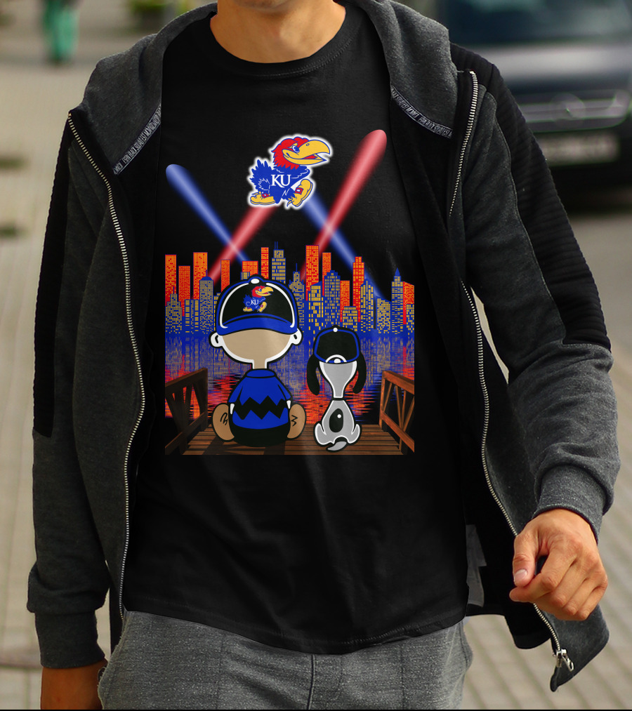 Kansas Jayhawks City Skyline Night Reflections With Mascot And Dog T-Shirt