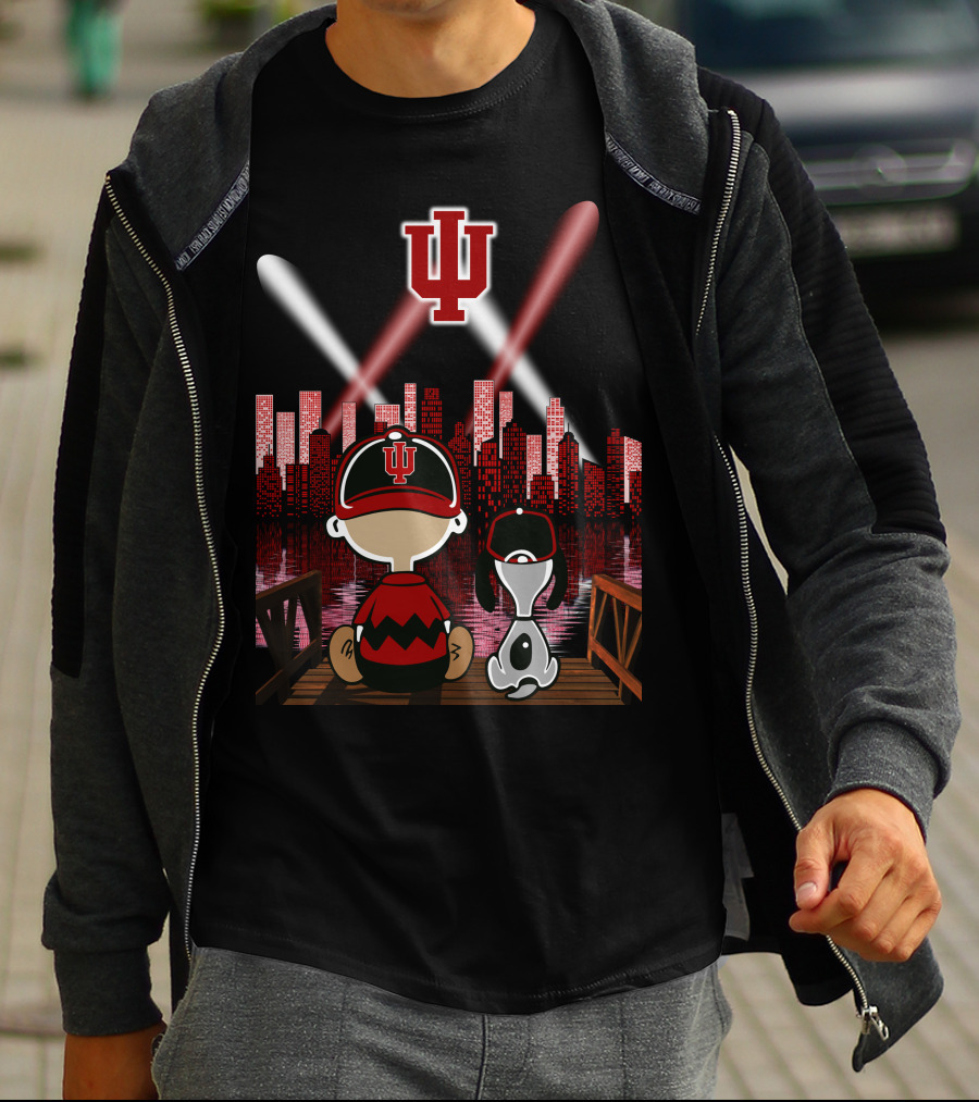 Indiana Hoosiers Nighttime City Skyline With Iconic Characters T-Shirt