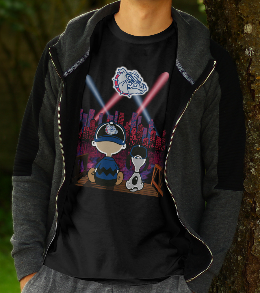 Gonzaga Bulldogs Night Cityscape With Skyline And Cartoon Characters T-Shirt