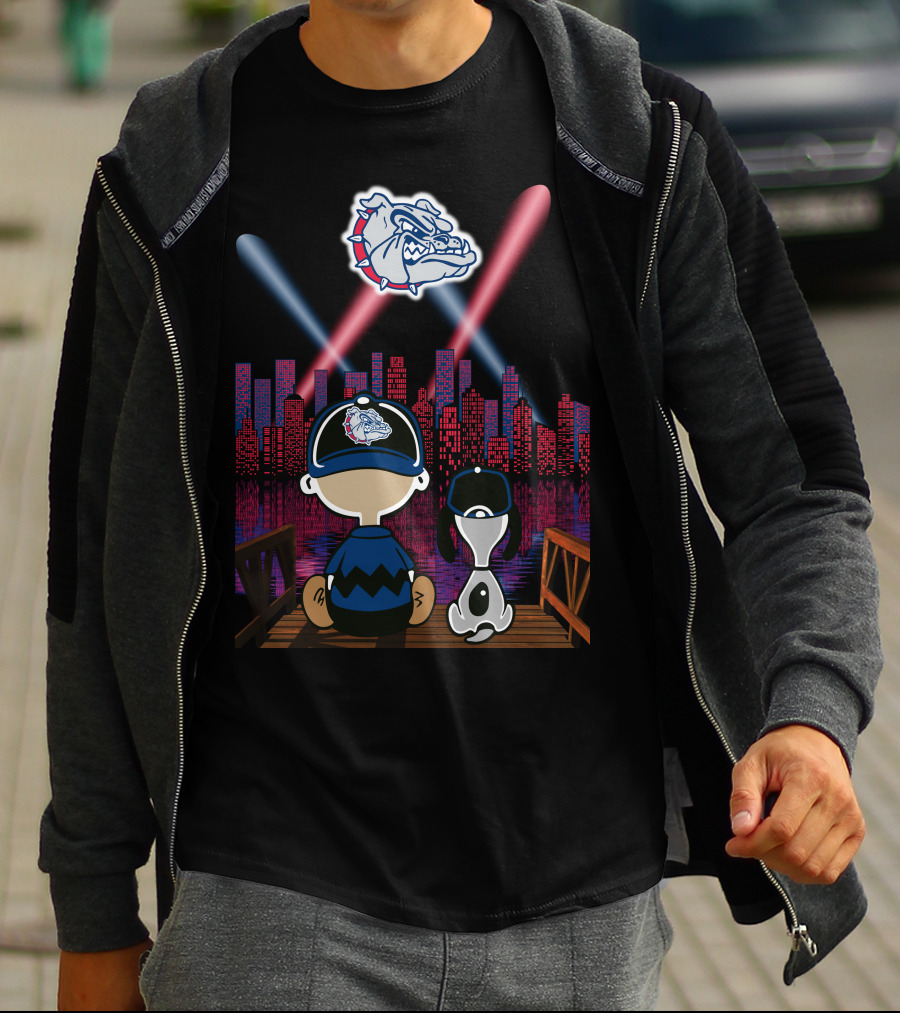 Gonzaga Bulldogs Night Cityscape With Skyline And Cartoon Characters T-Shirt