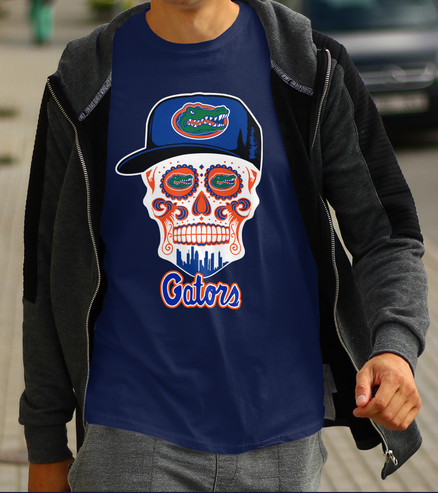 Florida Gators Skull With Alligator Logo And Hat Blue Orange T-Shirt