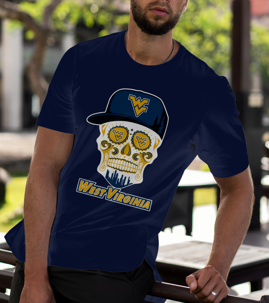 West Virginia Mountaineers Skull Design With Wv Cap And Skyline T-Shirt