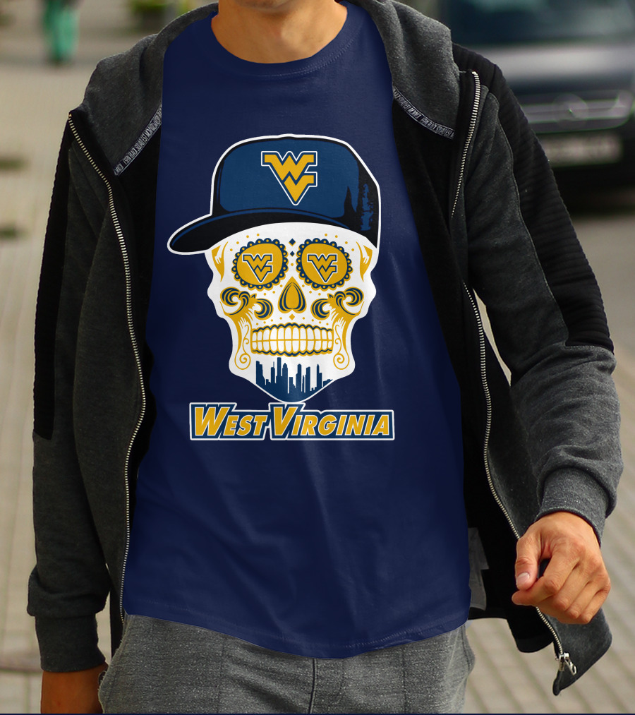 West Virginia Mountaineers Skull Design With Wv Cap And Skyline T-Shirt