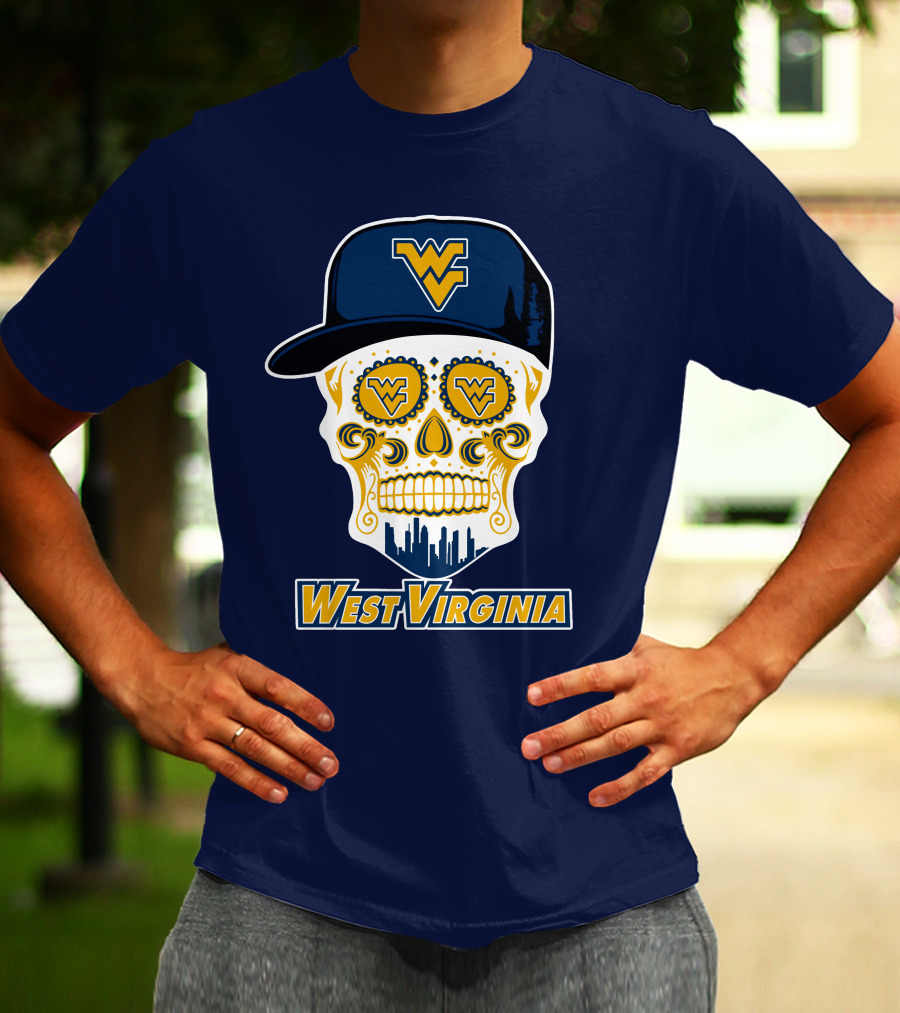 West Virginia Mountaineers Skull Design With Wv Cap And Skyline T-Shirt